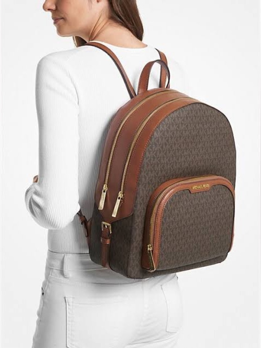 Michael Kors Brown Signature Logo Backpack with Tan Trim